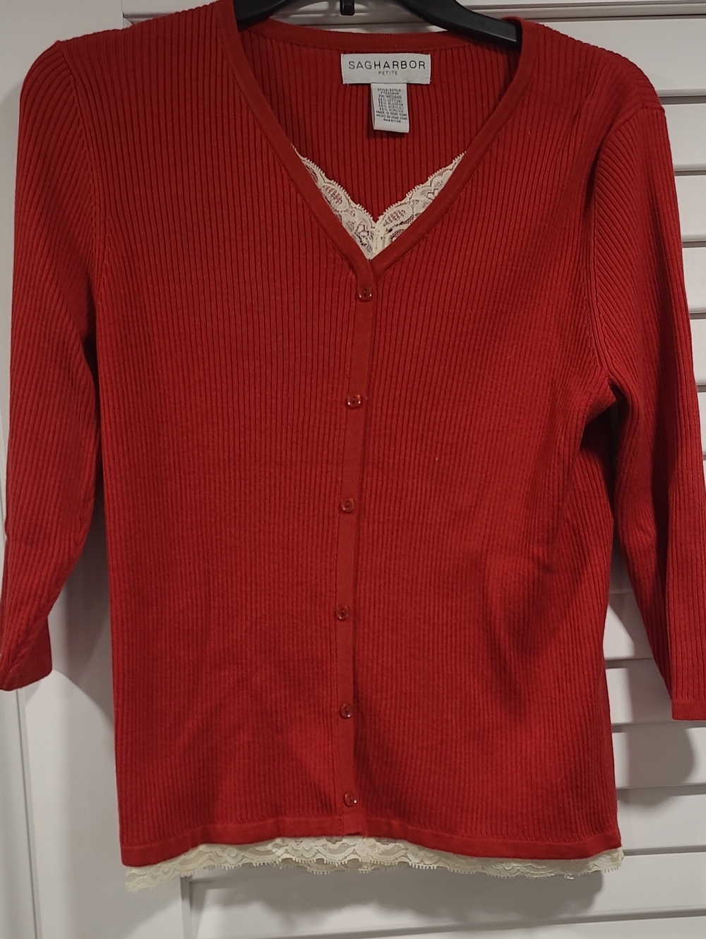Sag Harbor Women's Brick Red Ribbed Button-Front Cardigan with Lace Trim